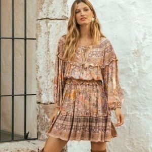 Spell Bohemian Print Mini Dress - Pink and Brown